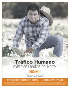 Human Trafficking awareness image with a man wearing a flannel, jeans, and straw hat